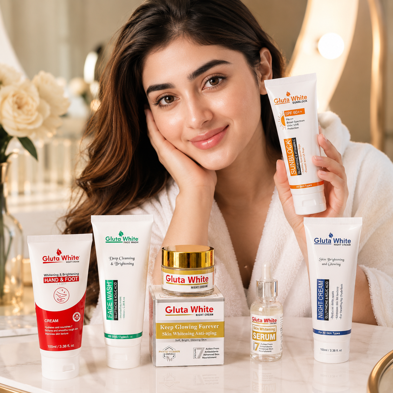 Gluta White Complete Skin Care Set – Face Wash, Night Cream, Serum & Sunblock