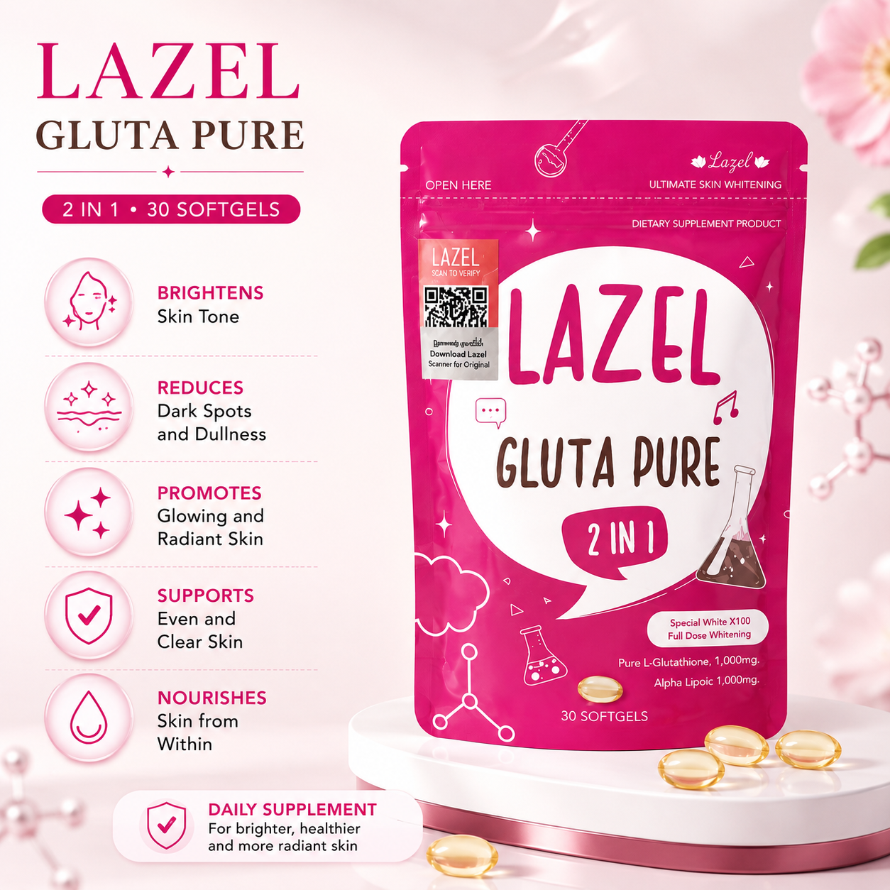 Lazel Gluta Pure 2-in-1 – 30 Softgels | Glutathione & Alpha Lipoic Acid